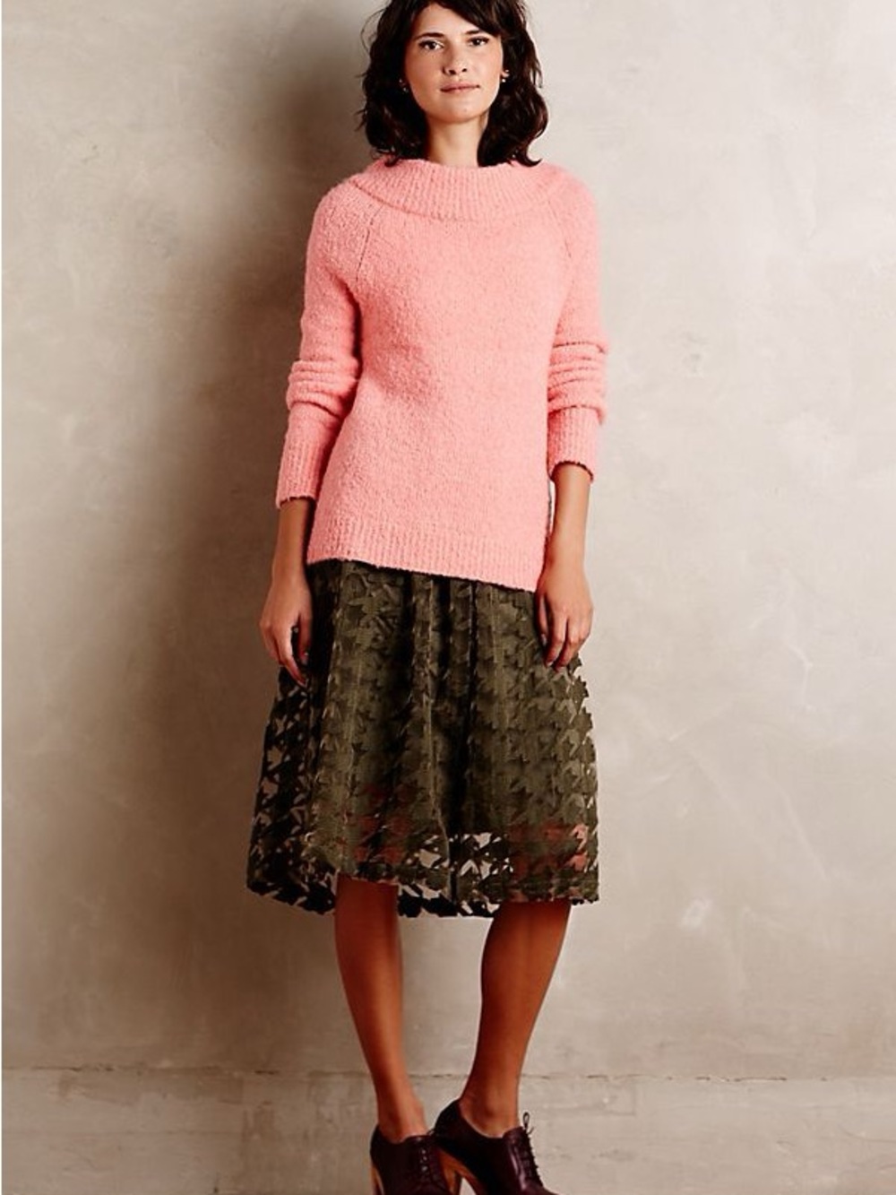 ANTHROPOLOGIE MOTH Boucle Mockneck Pullover - Soft Pink Size M, Wool/Alpaca